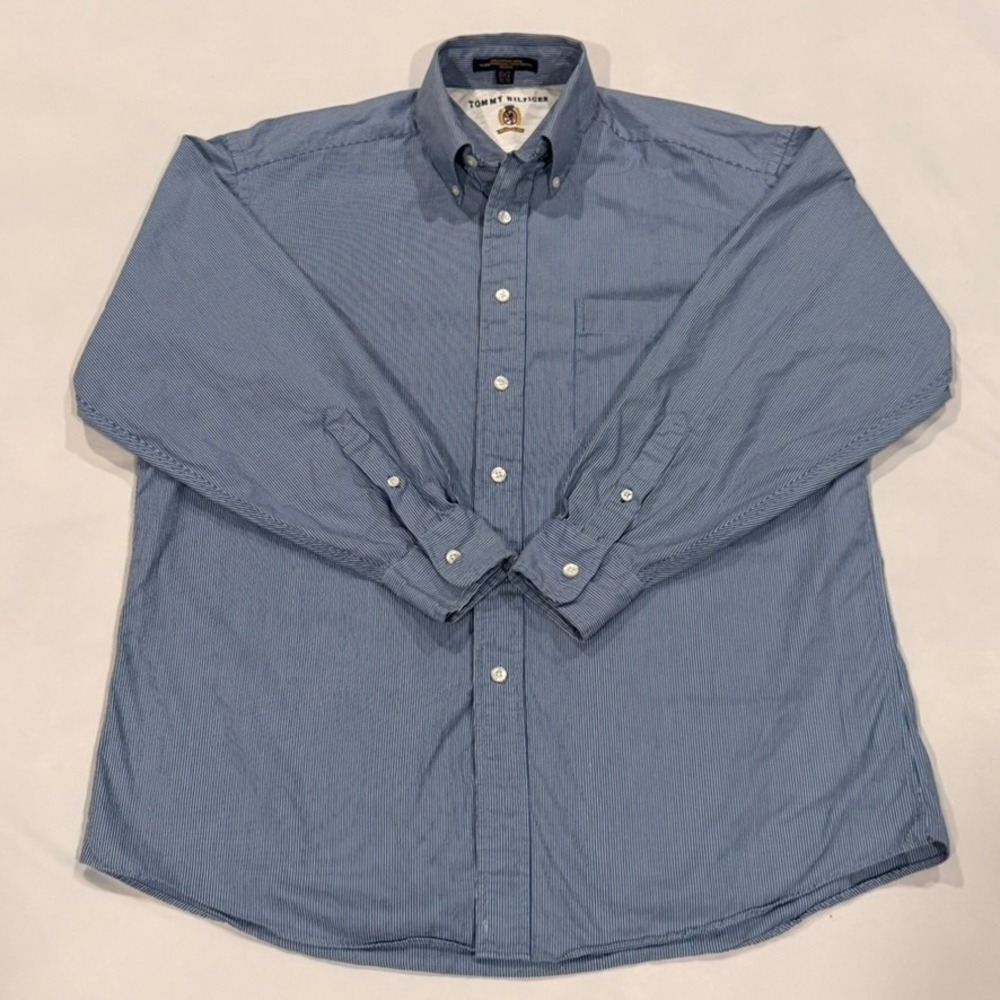 Vintage Tommy Hilfiger Button Down Shirt 15.5 32/33 Blue Striped Cotton Office
